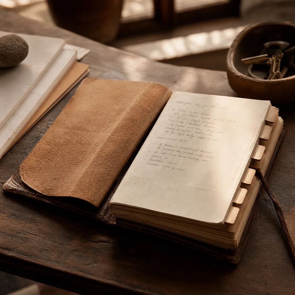 A single handwritten index of situational notes on a worn leather-bound field log