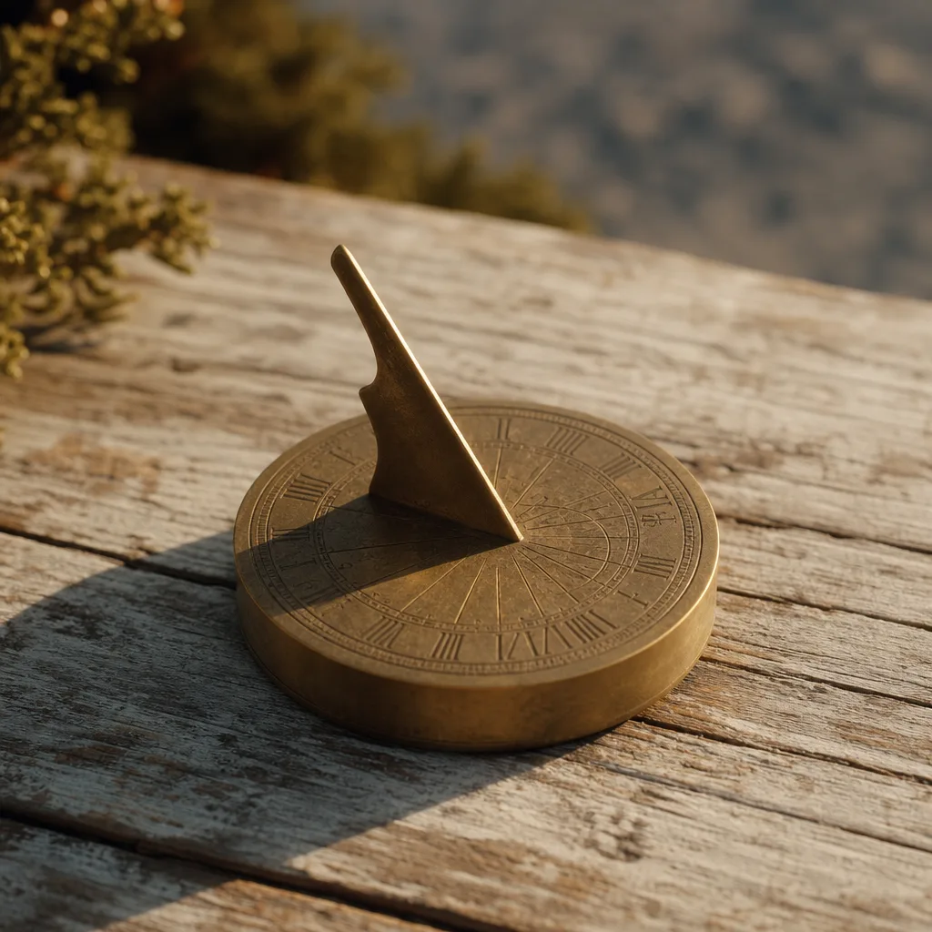 A single brass sundial resting on a sun-bleached wooden surface outdoors