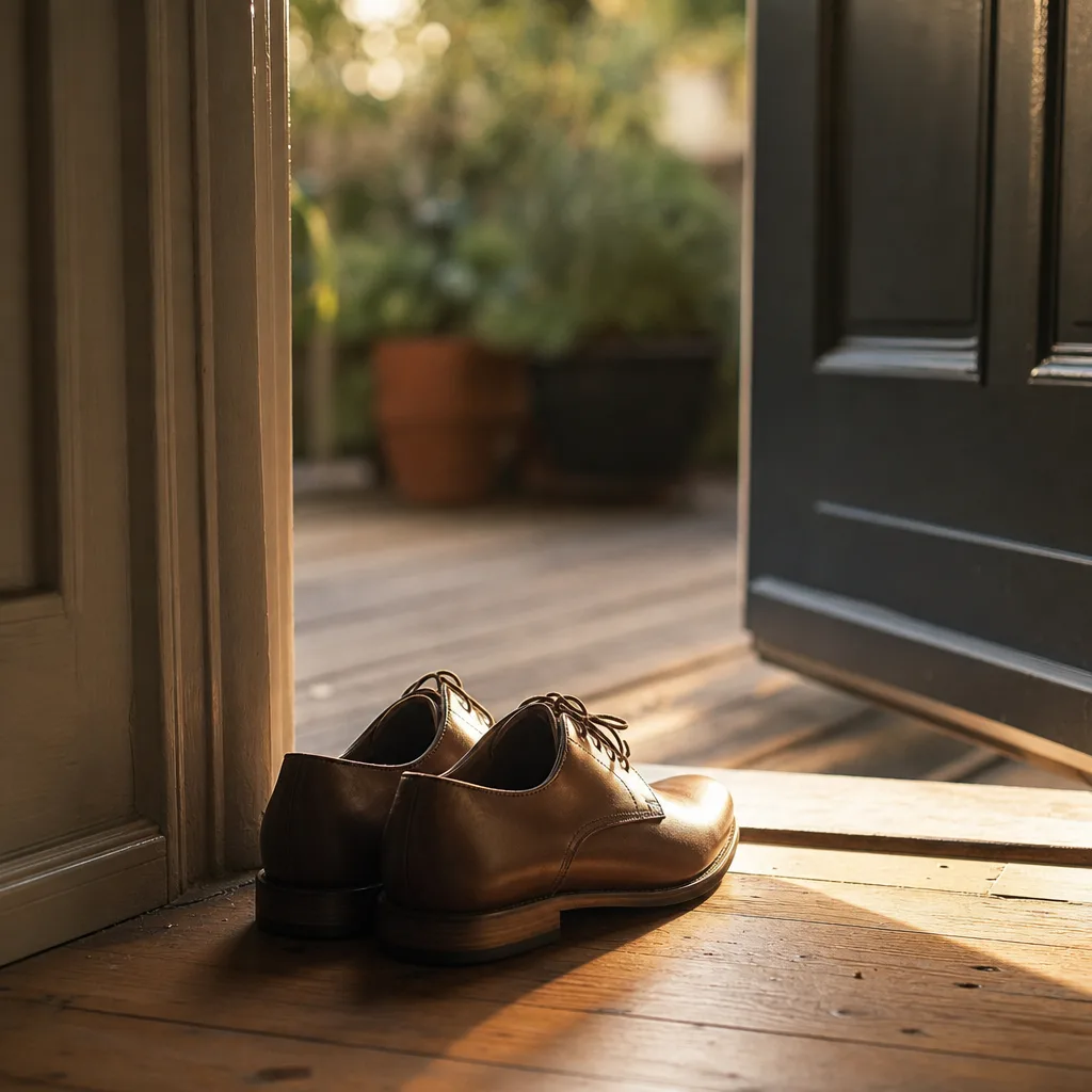 A pair of clean leather shoes placed neatly at a doorway threshold