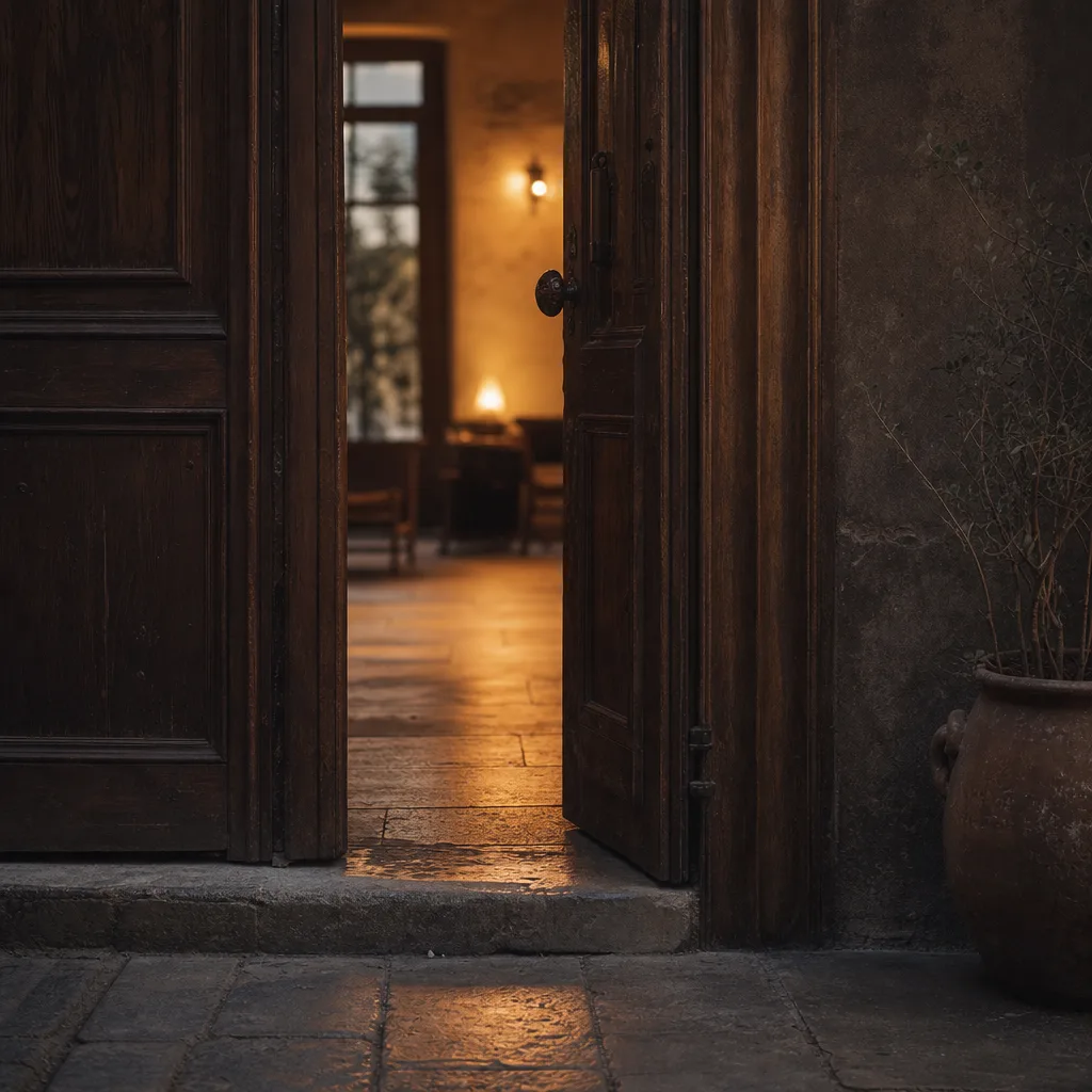 An open doorway leading to a softly lit room beyond