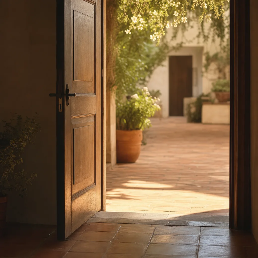 An open door threshold looking onto a sun-warmed courtyard
