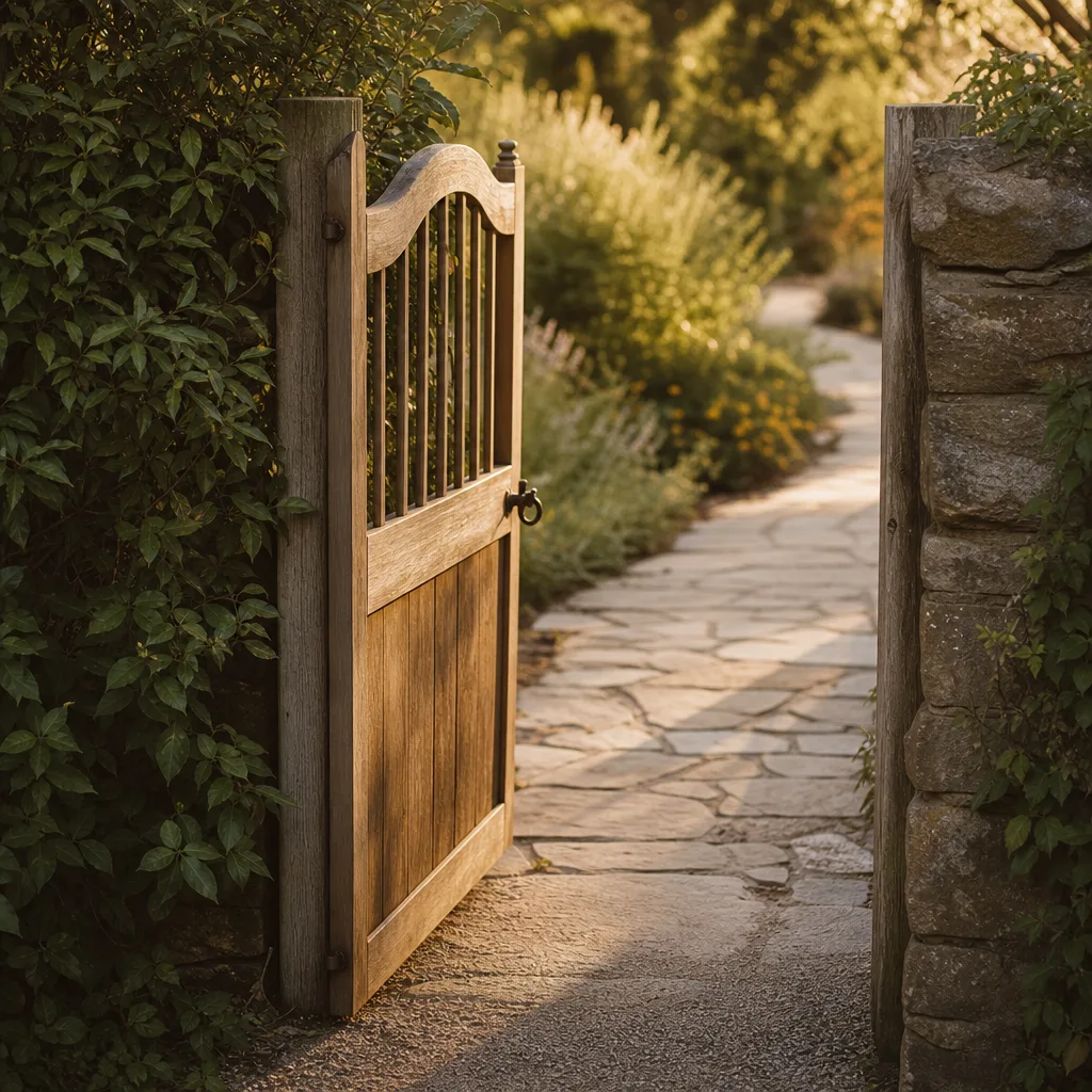 A single unlatched garden gate standing open onto a sun-warmed stone path