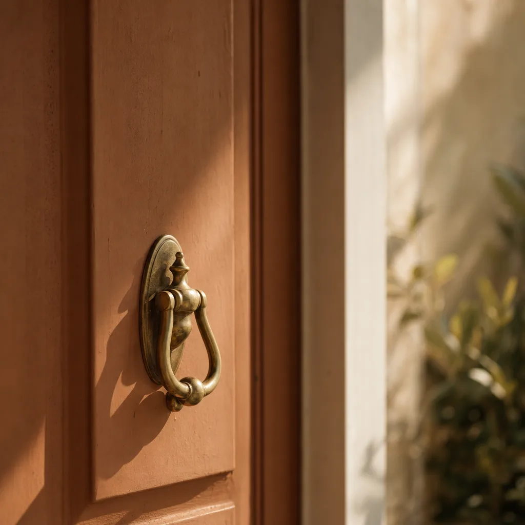 A small brass door knocker on a painted wooden door