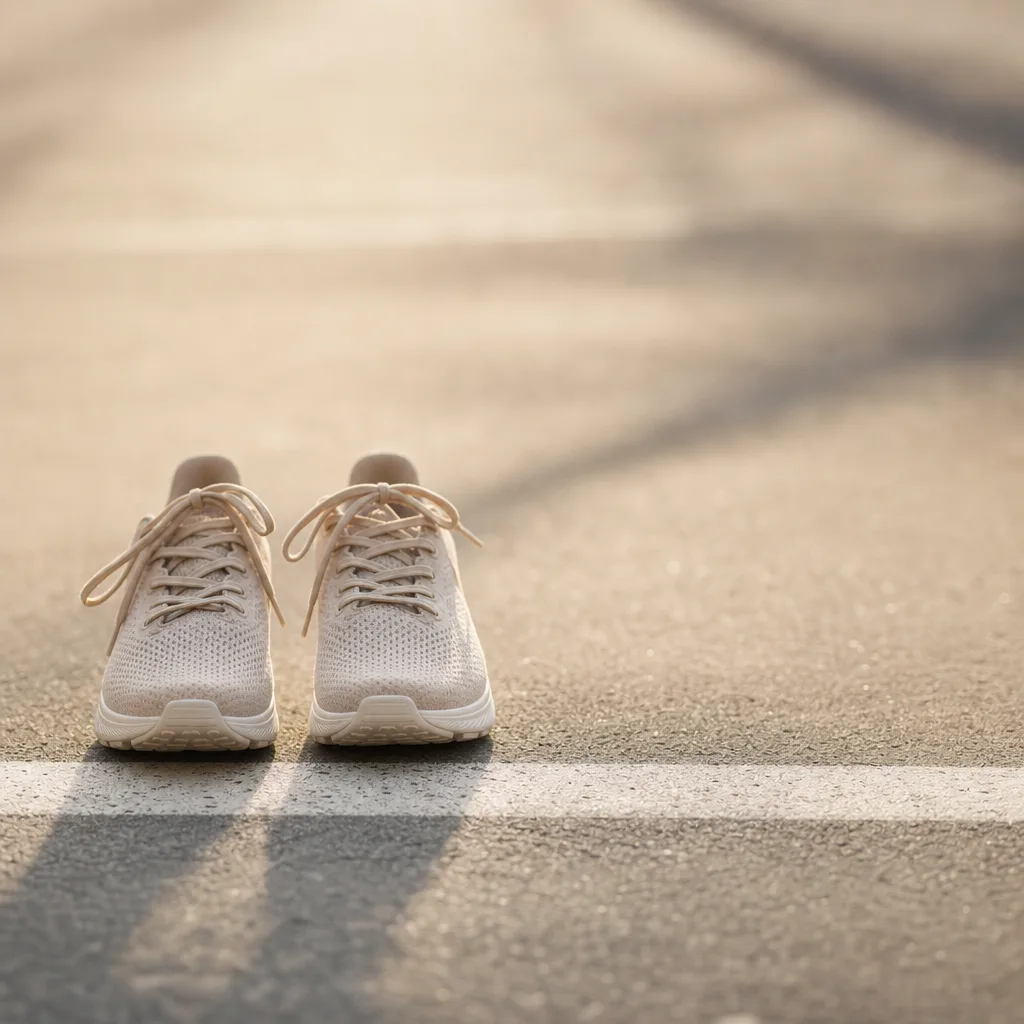 A pair of clean running shoes placed deliberately at a starting line painted on pale asphalt