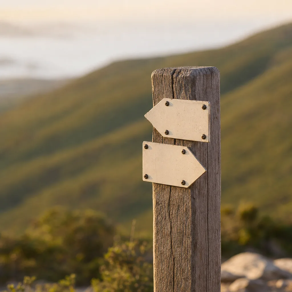 A single trail marker post with two directional arrows