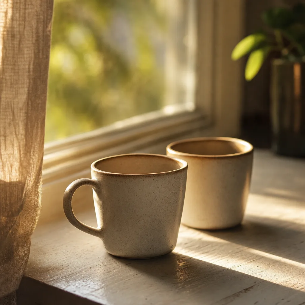 Two ceramic mugs placed deliberately side by side on a sunlit windowsill