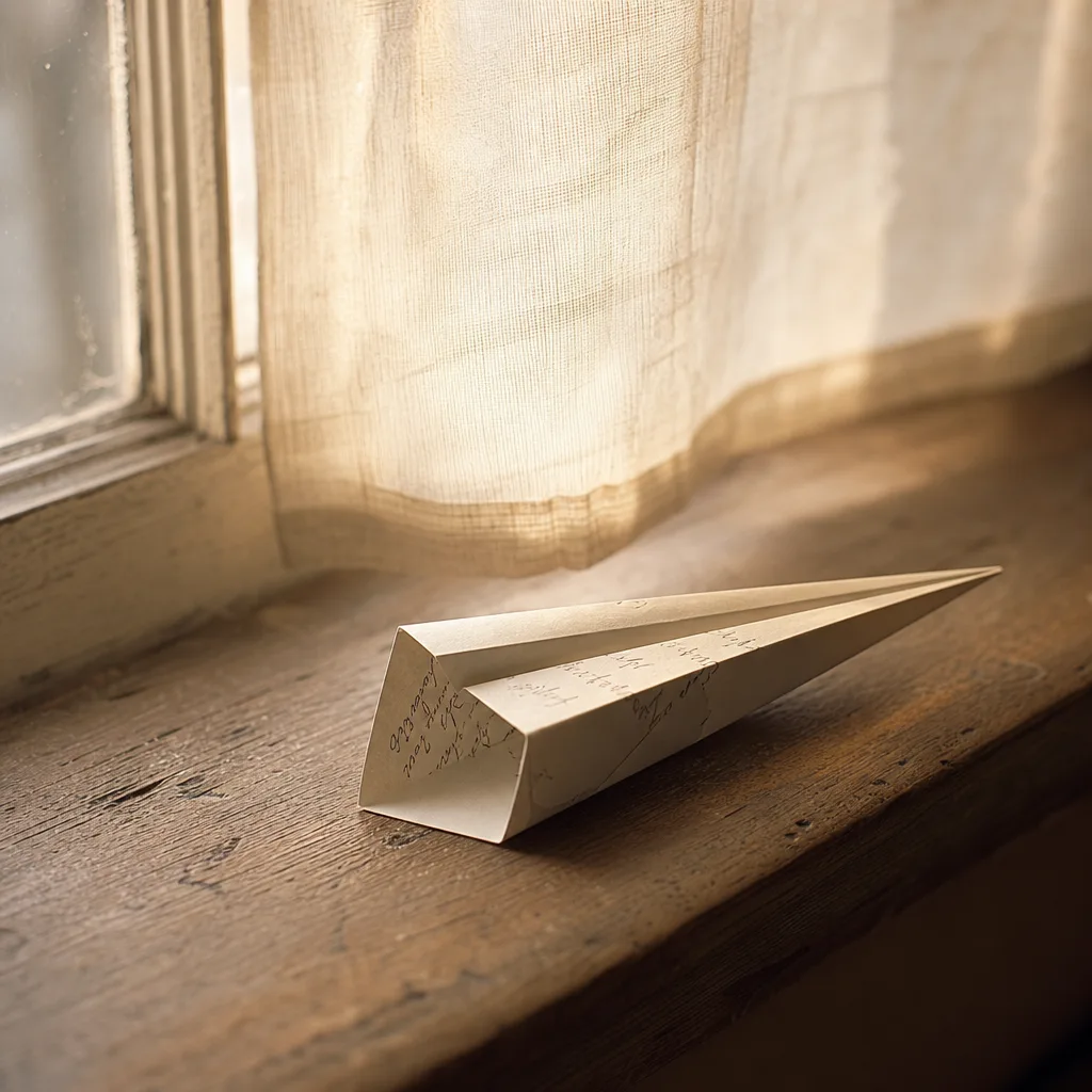 A small handwritten note folded into a simple paper airplane resting on a wooden windowsill