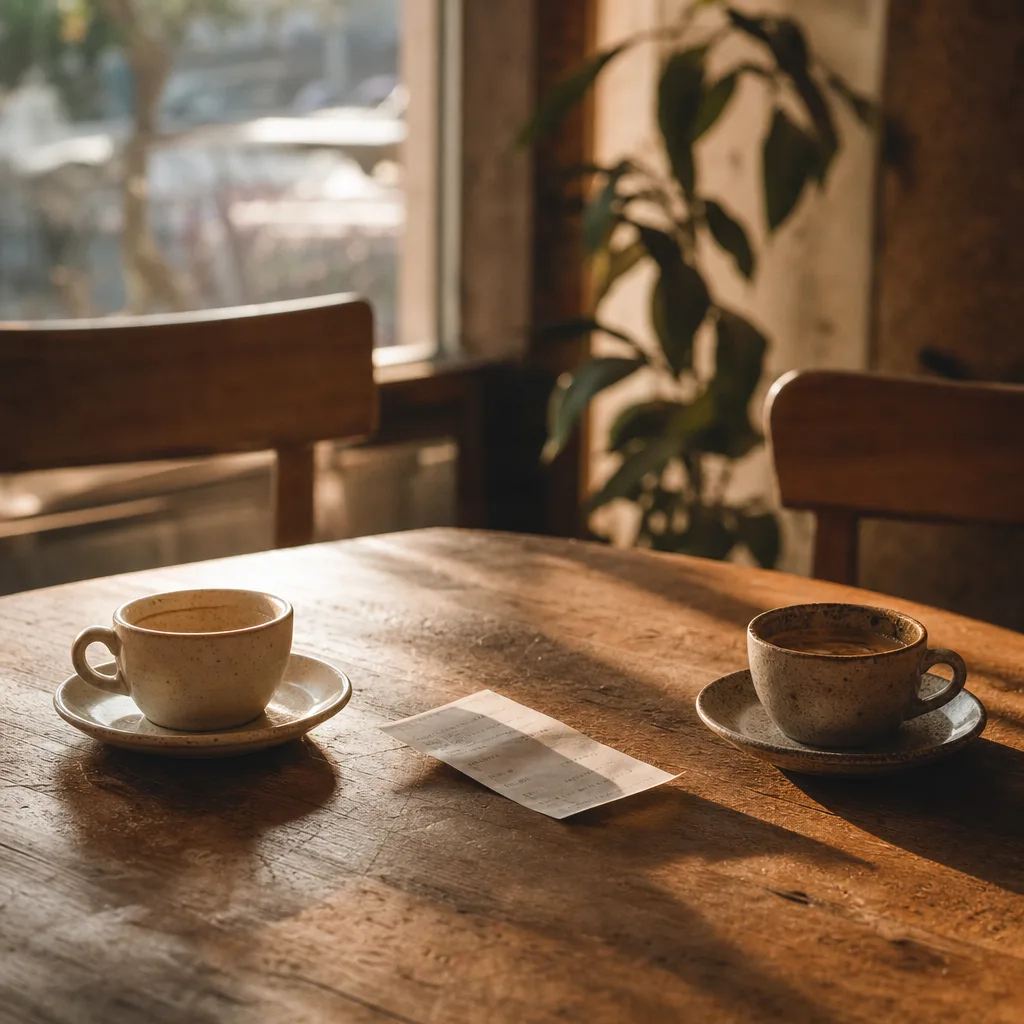 Two coffee cups on a café table with a single receipt between them