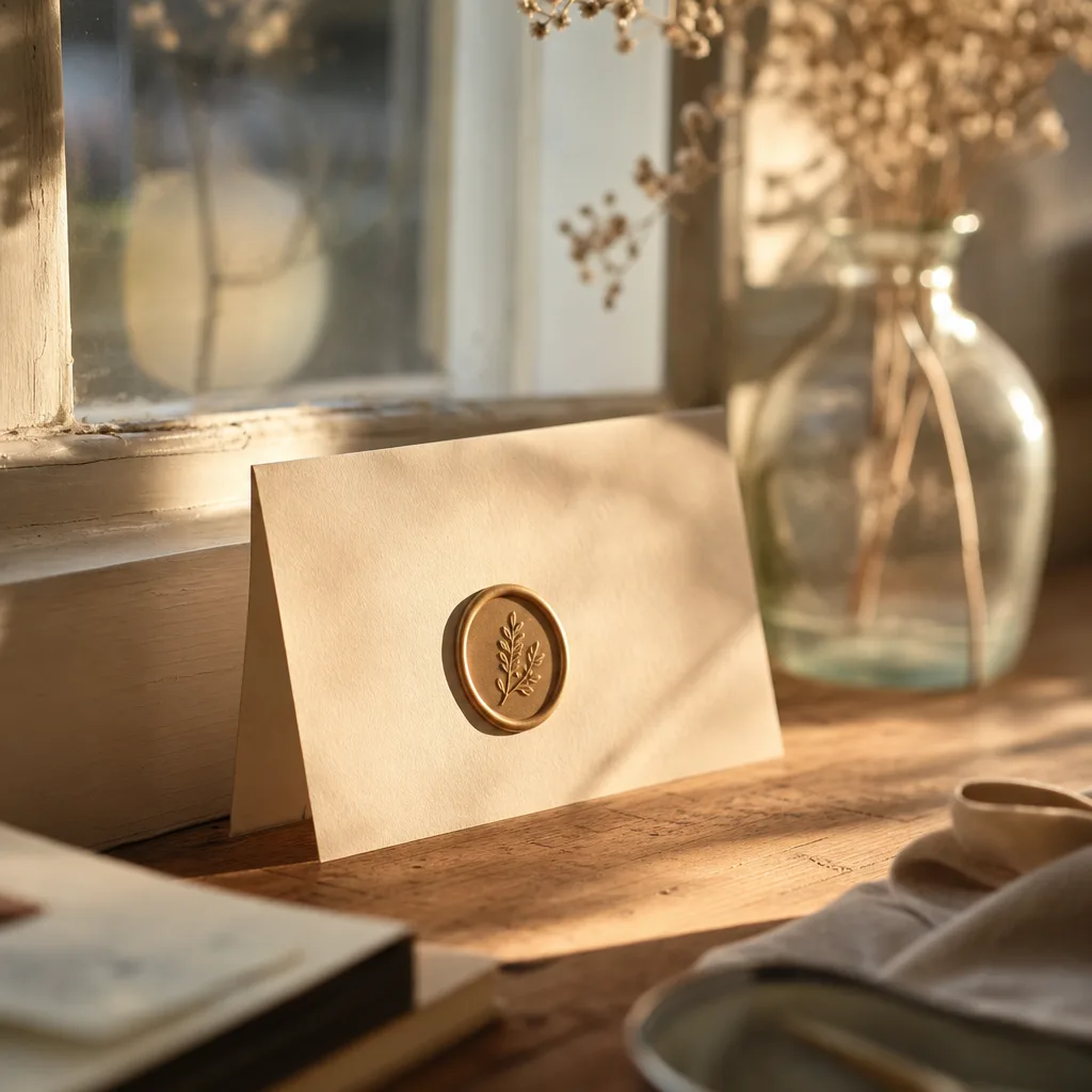 A sealed wax stamp pressed onto a small card propped upright against a windowsill