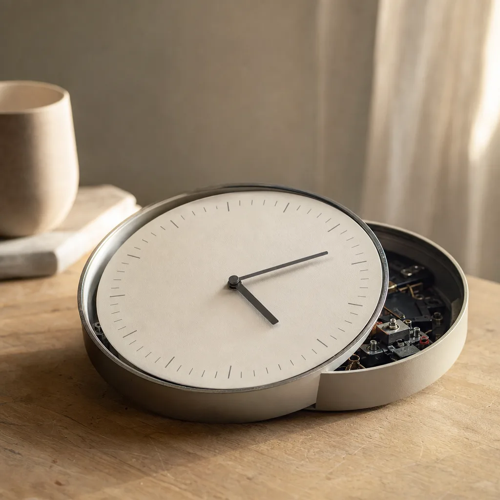 A recalibrated analog wall clock with its face slightly open