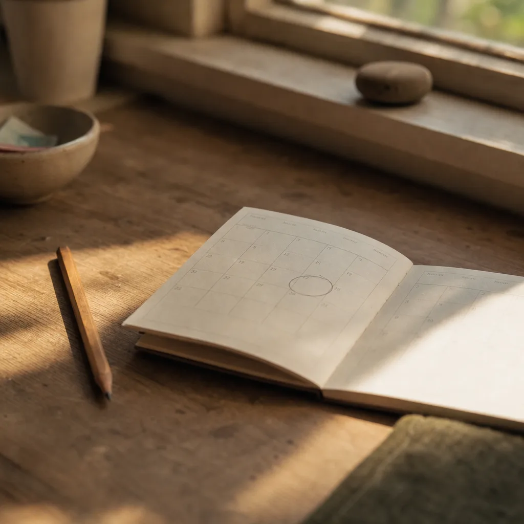 A freshly sharpened pencil resting beside an open pocket-sized planner showing a single circled date