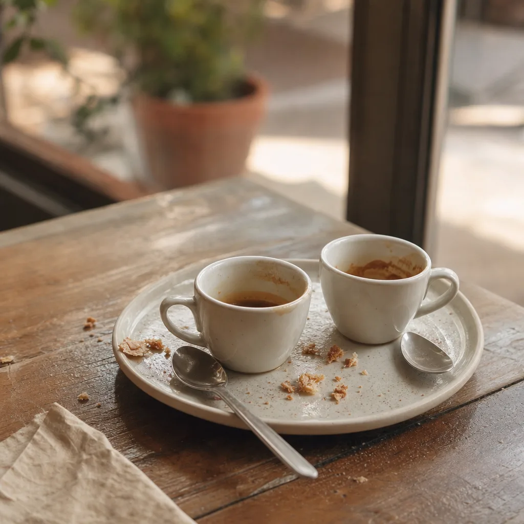 Two empty espresso cups side by side on a café saucer