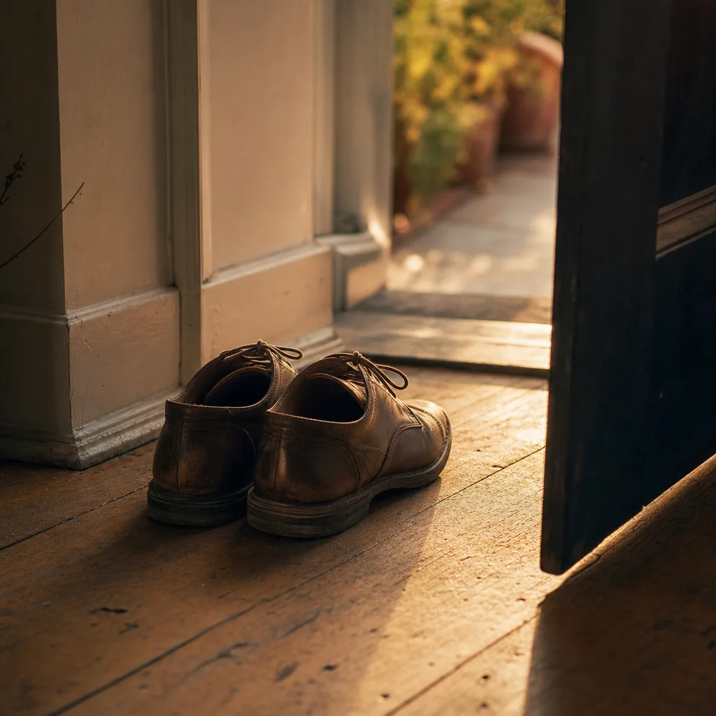 A pair of well-worn shoes placed neatly by an open front door