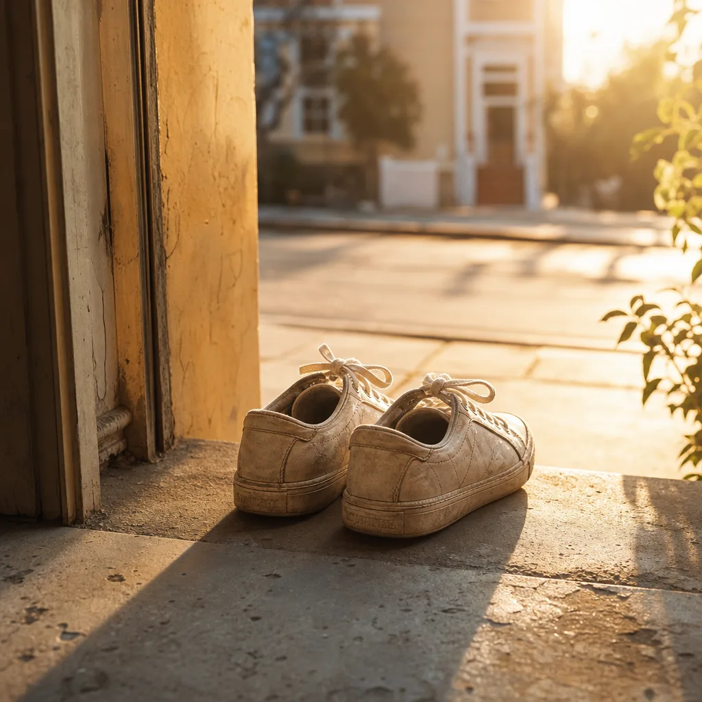 A pair of worn sneakers on a doorstep facing outward toward a sun-lit street