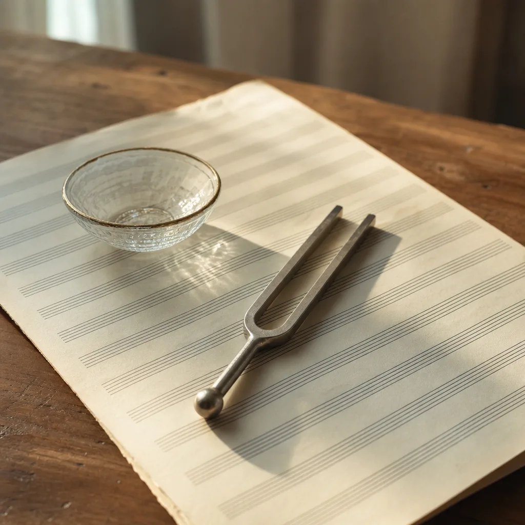 A tuning fork lying flat on a sheet of blank staff paper beside a small glass bowl