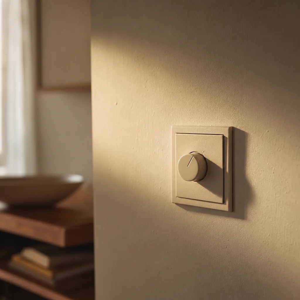 A single dimmer switch on a matte plaster wall