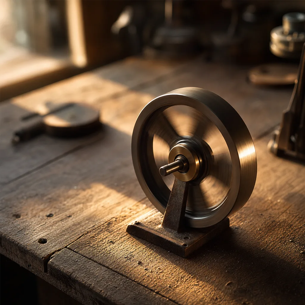 A small flywheel spinning on a bare oak workbench