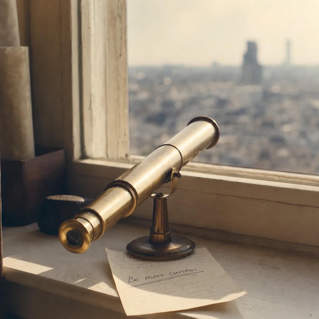 A brass telescope resting on a windowsill aimed outward toward a softly blurred cityscape