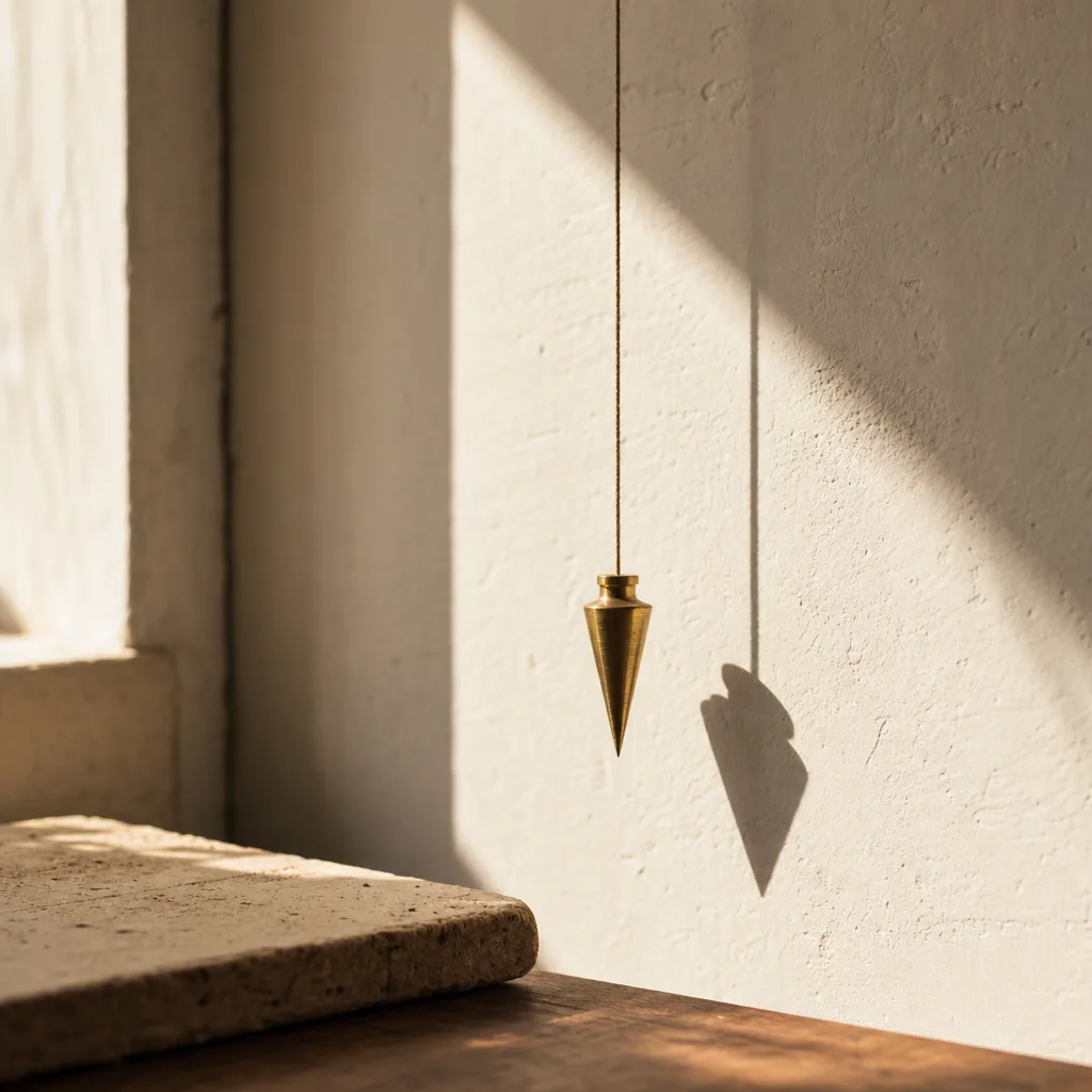 A small brass plumb bob hanging perfectly still from a thin string against a sunlit plaster wall