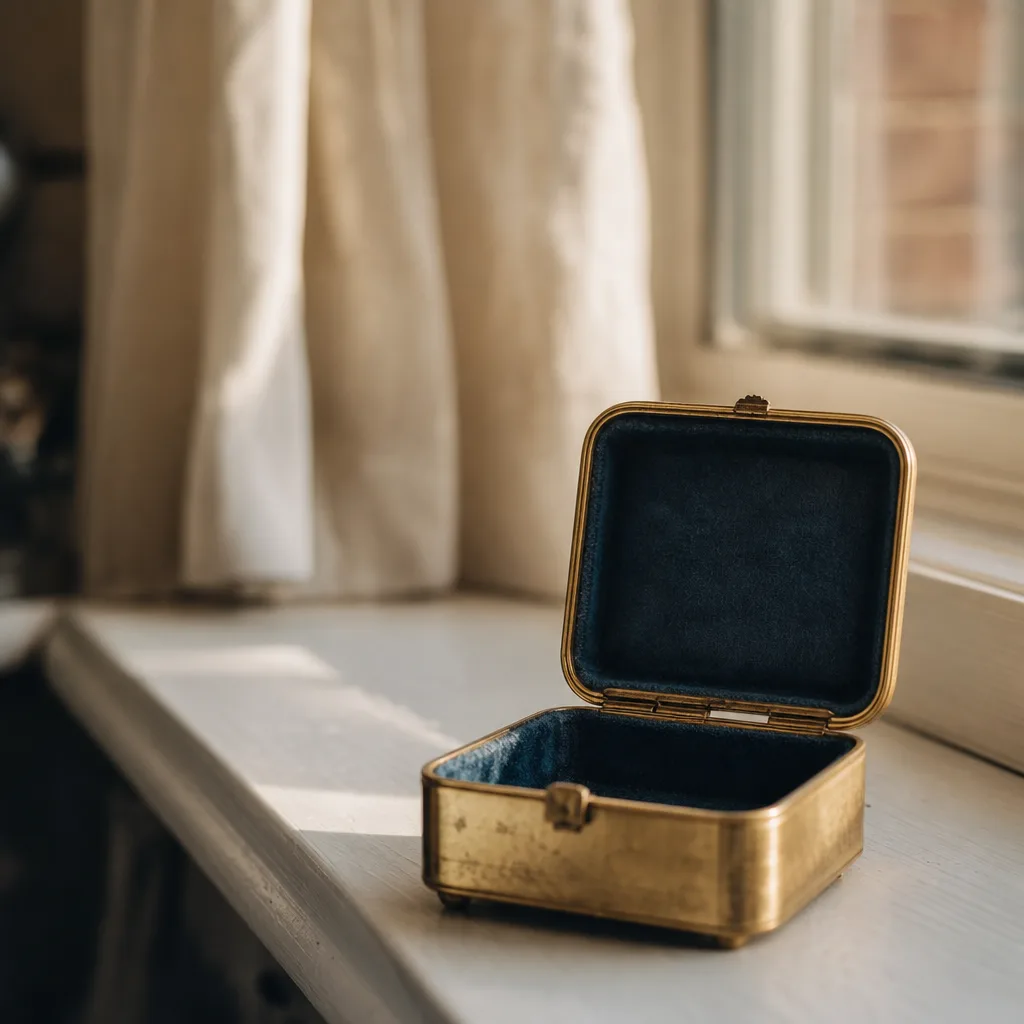 A small hinged brass locket box resting open on a sun-warmed windowsill