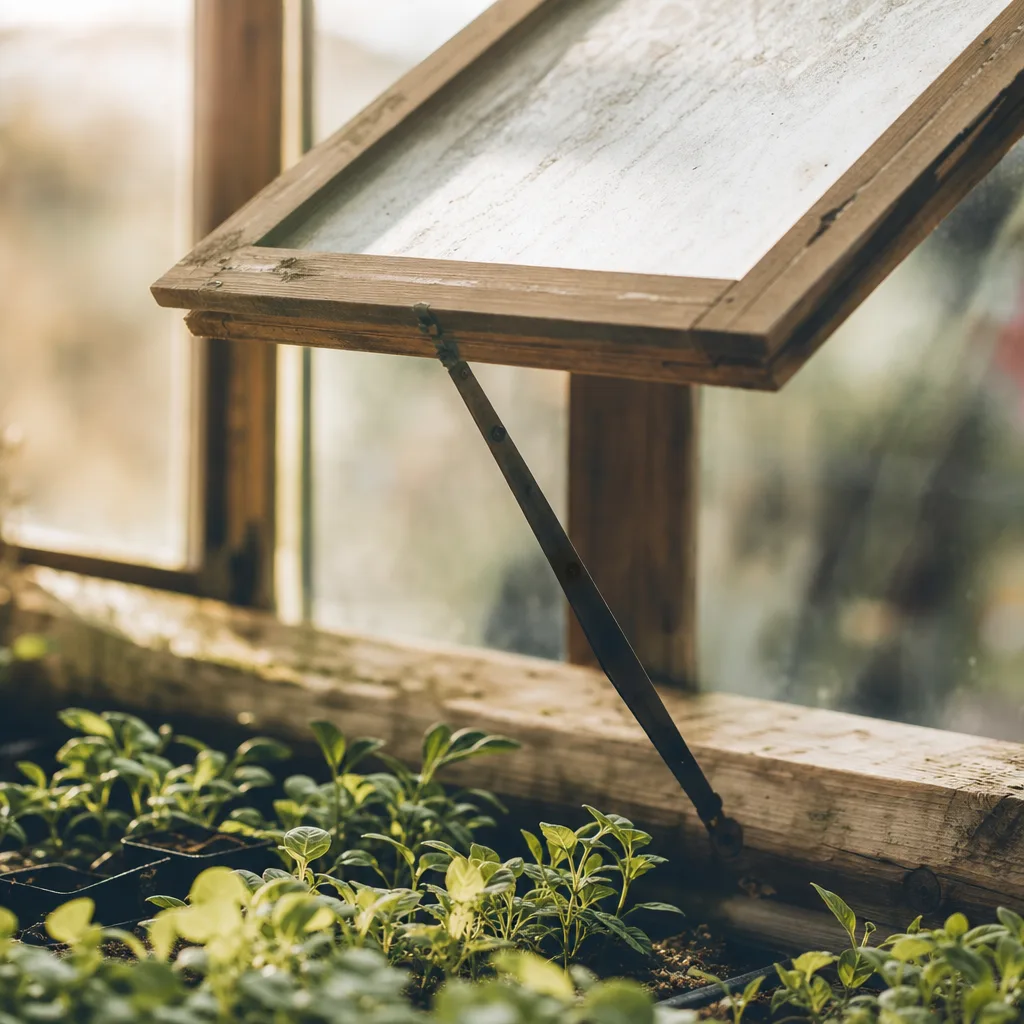 A greenhouse vent propped open on a sun-drenched wooden frame