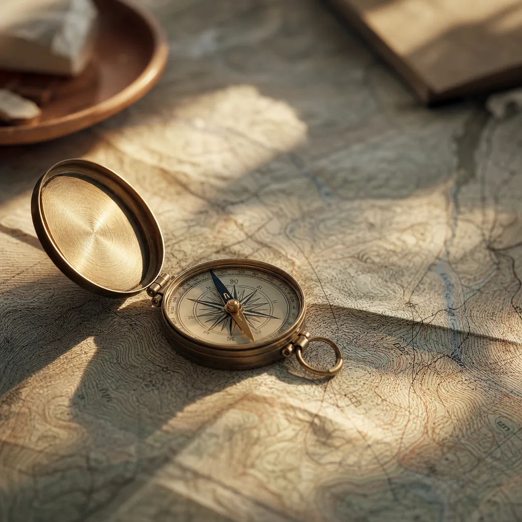 A small compass lying open on a topographic map