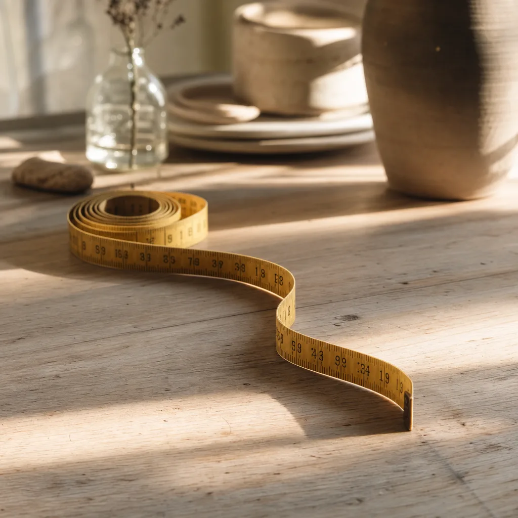 A coiled measuring tape partially unrolled across a pale oak tabletop