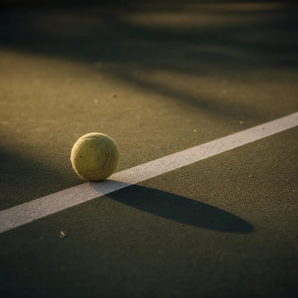 A single well-worn tennis ball resting on a practice court baseline