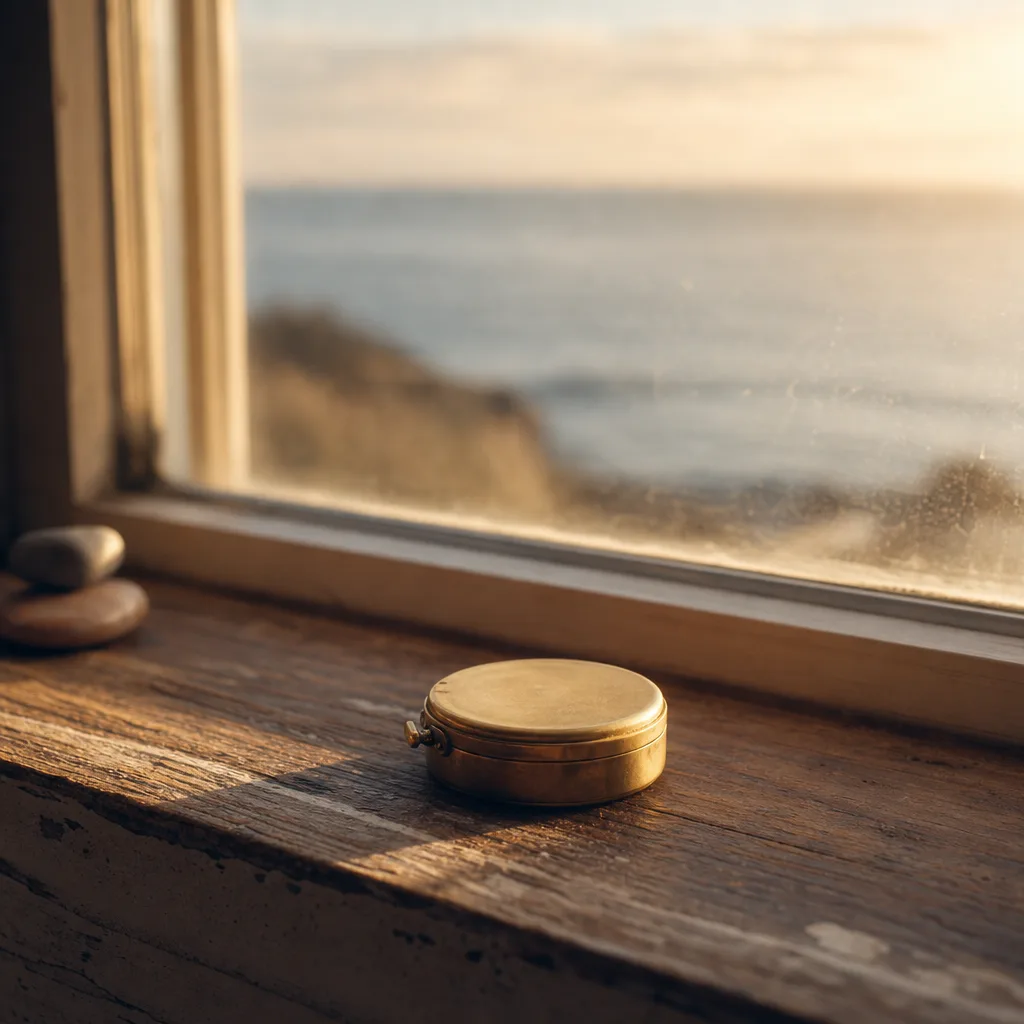 A small brass compass lying closed and flat on a worn wooden windowsill