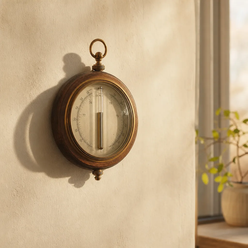 A single glass barometer mounted on a pale plaster wall