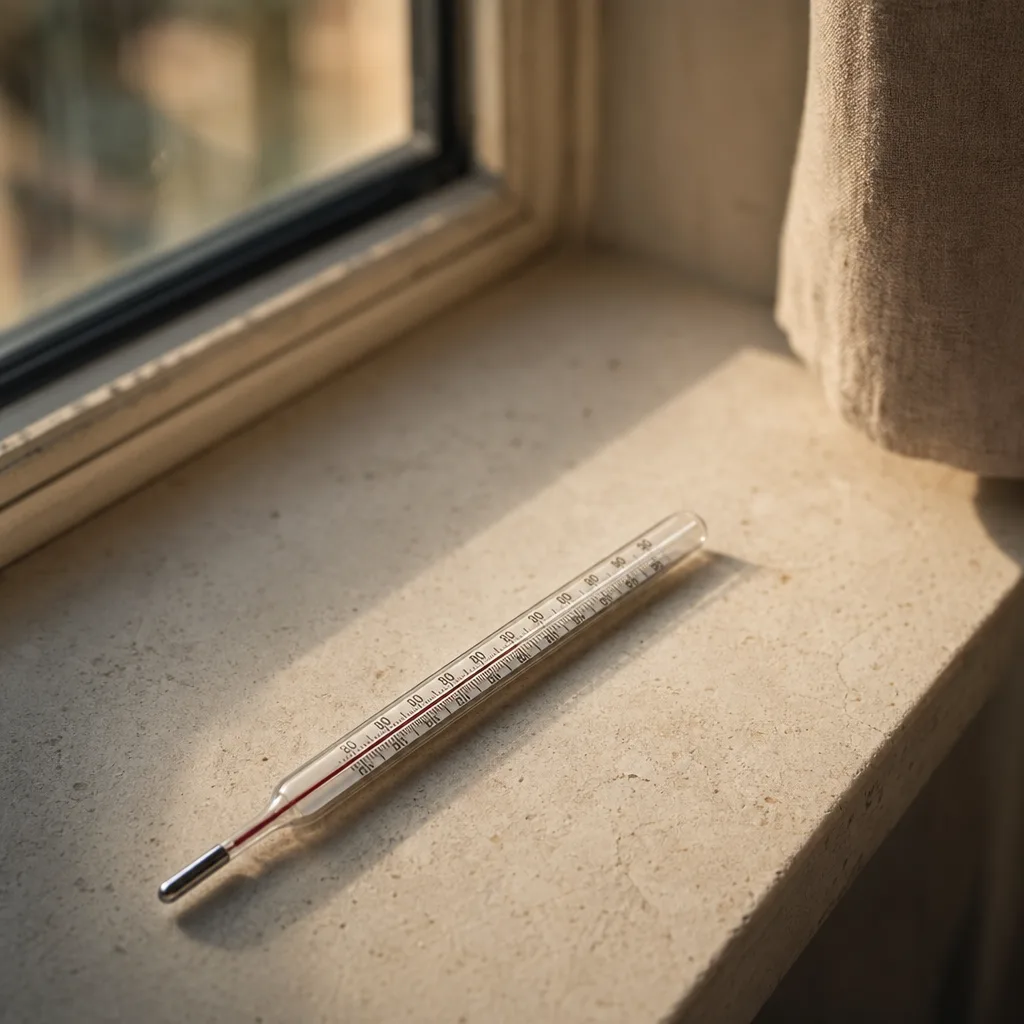 A single analog thermometer resting flat on a pale stone windowsill