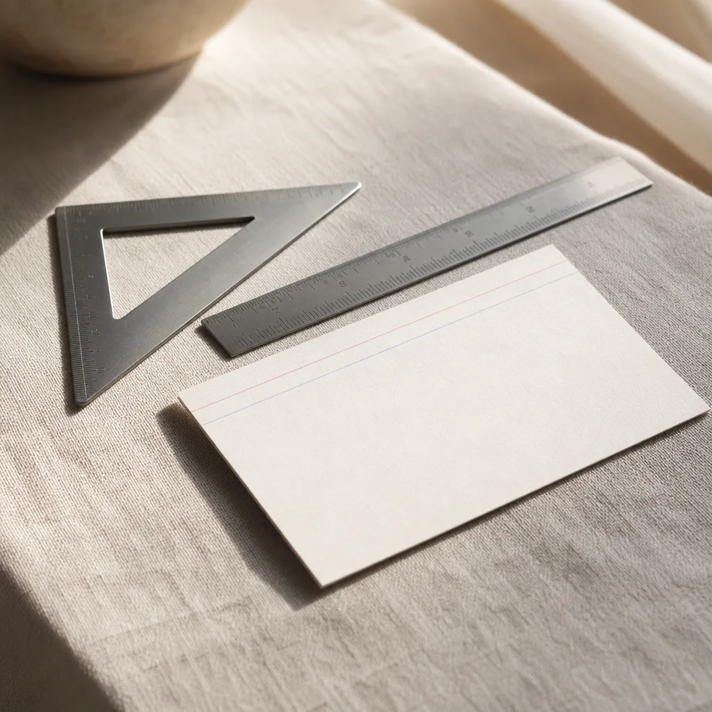 A small drafting triangle and a steel ruler arranged neatly beside a blank index card on a pale linen surface