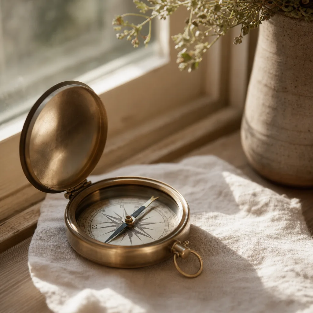 A compass lying open on a sunlit windowsill