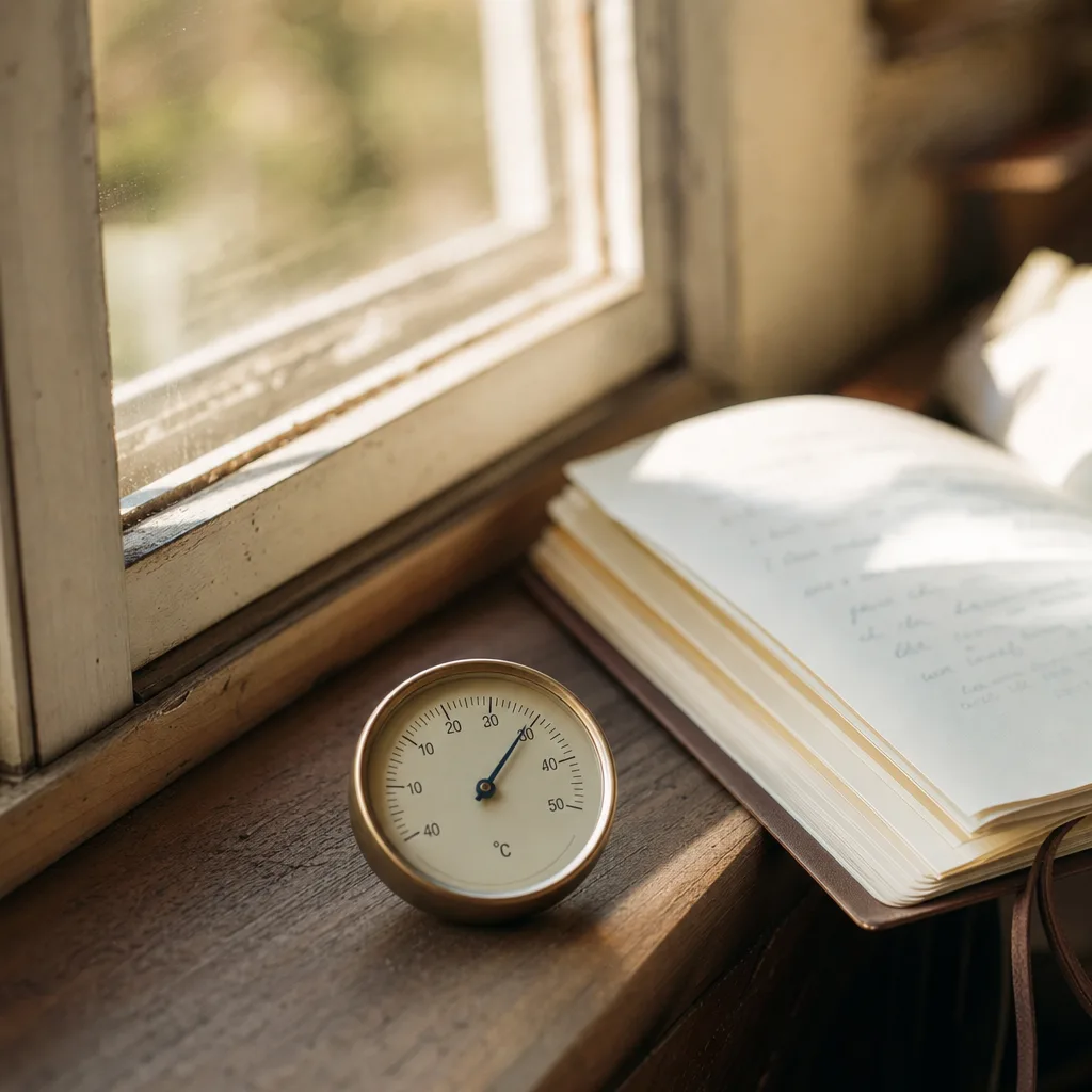 A small analog thermometer lying on a sun-warmed wooden windowsill beside a half-open journal