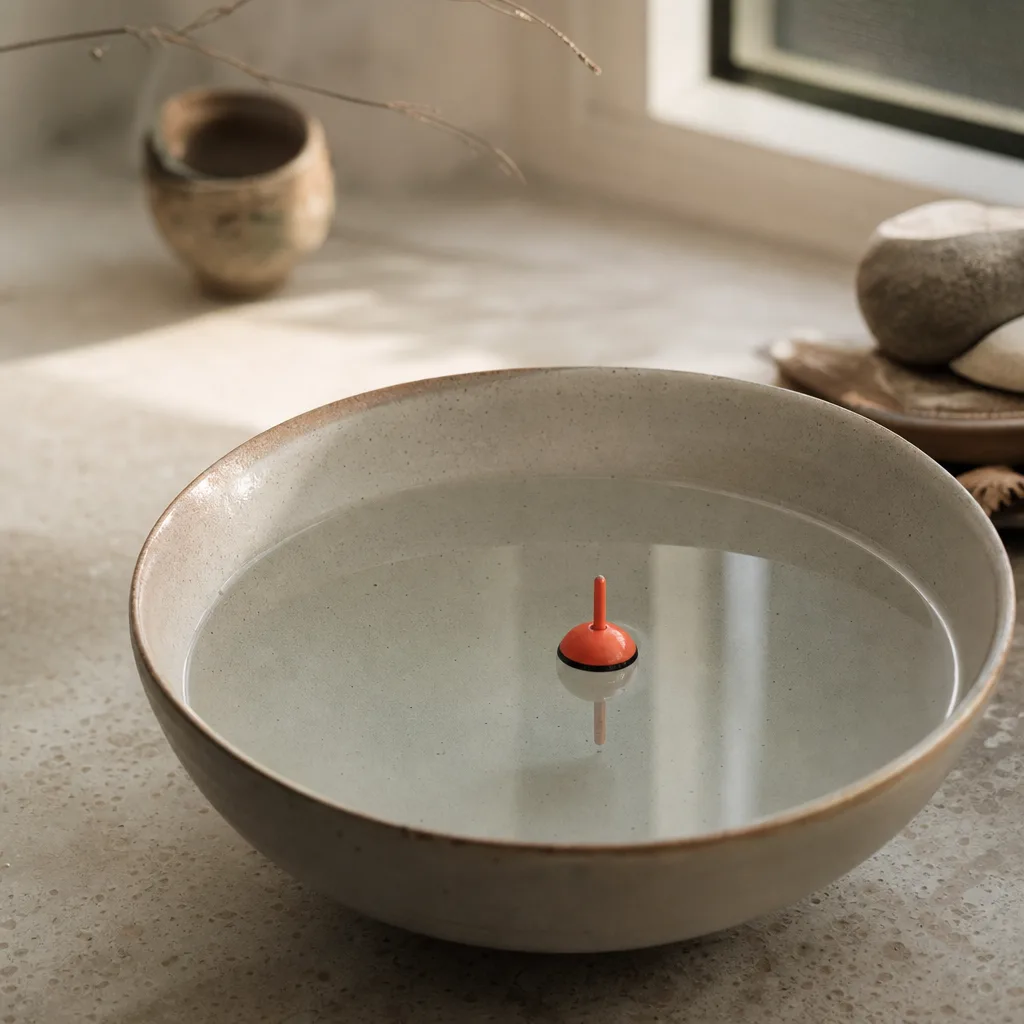 A slender fishing bobber floating perfectly upright in still water inside a ceramic bowl on a sunlit countertop