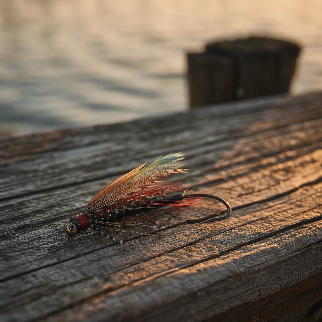 A small fishing lure with colorful feathers resting on a weathered wooden dock plank