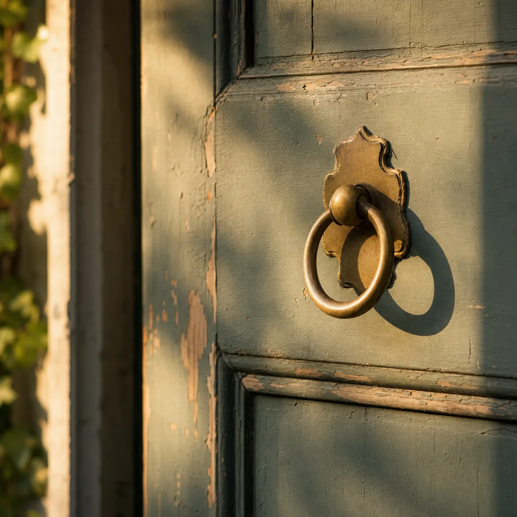 A single brass door knocker on a sun-faded painted door