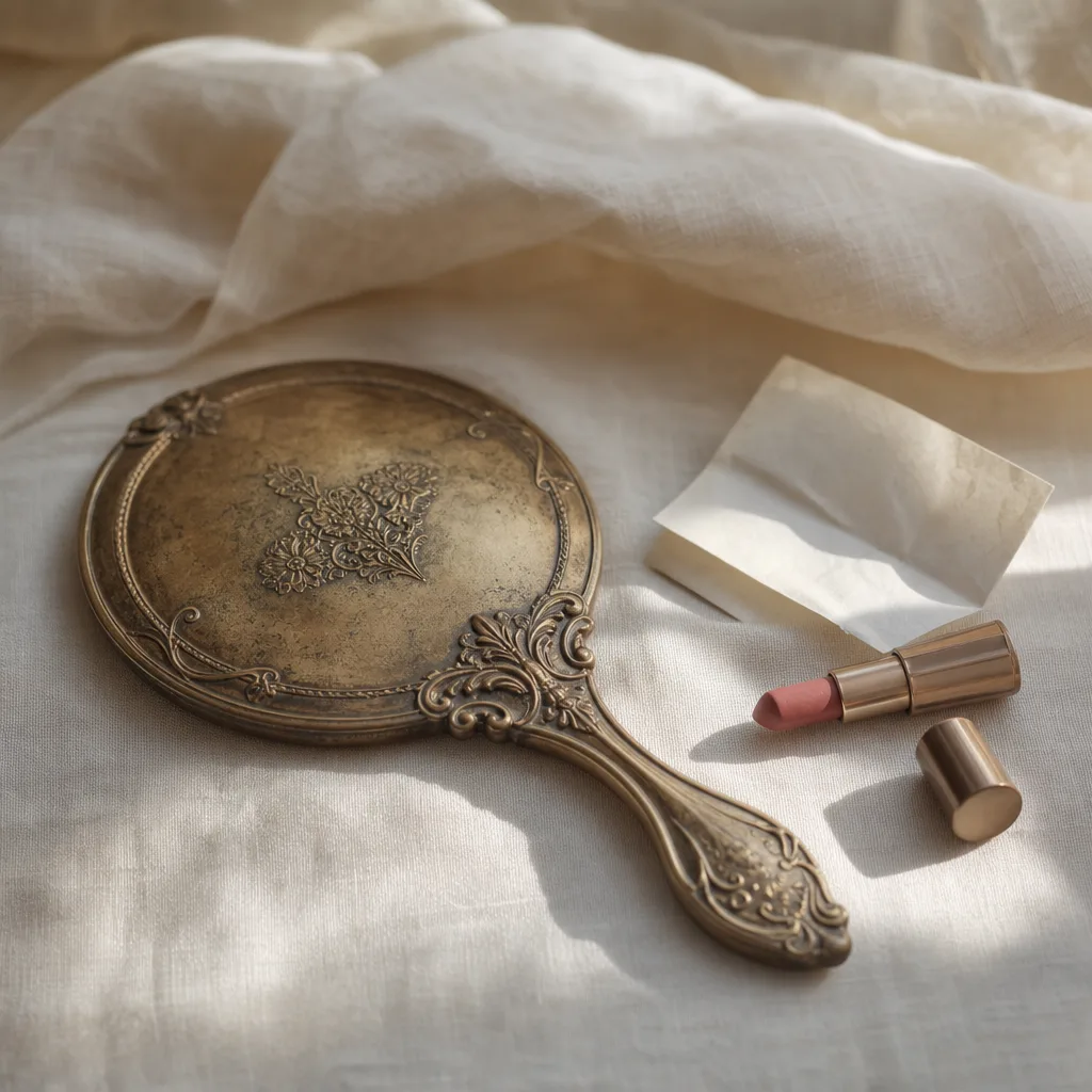A vintage hand mirror face-down on a linen surface beside a single uncapped lipstick and a small folded note