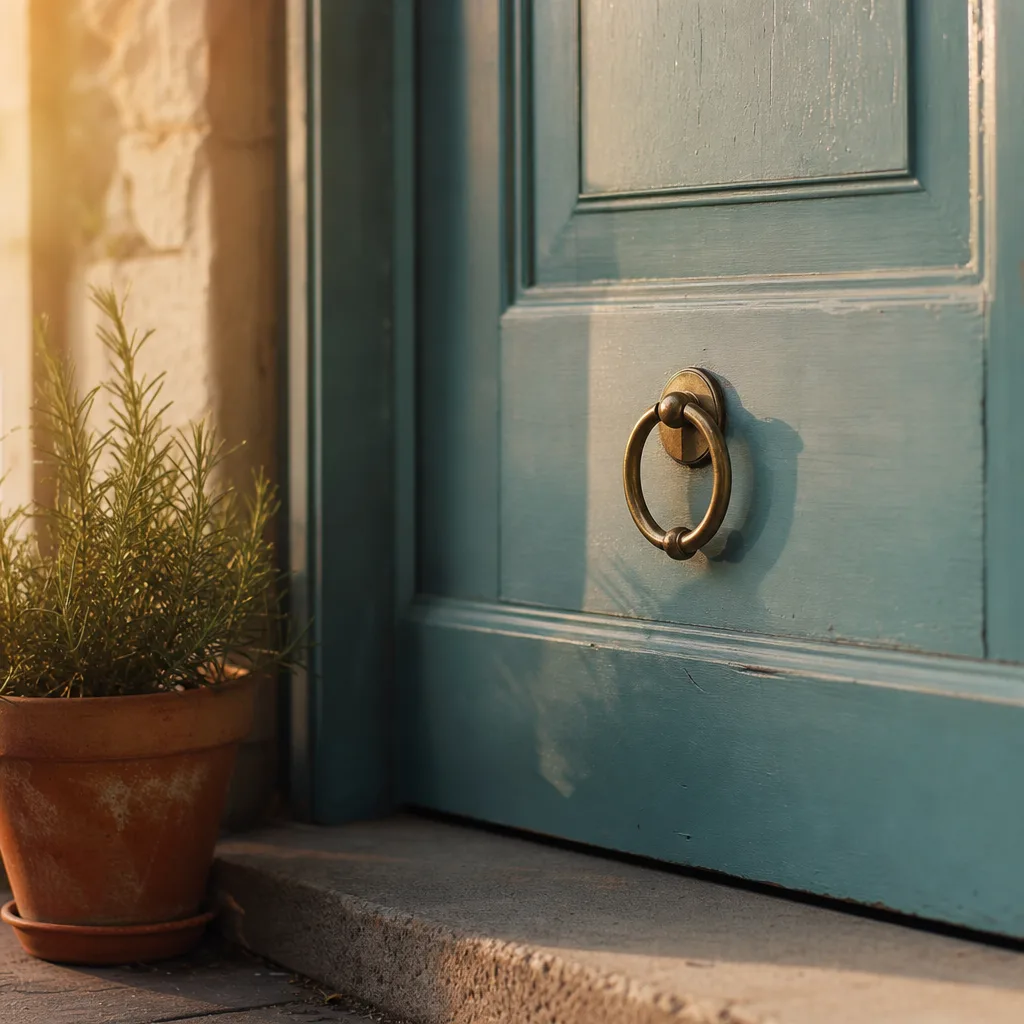 A small brass door knocker resting on a closed but freshly painted teal door