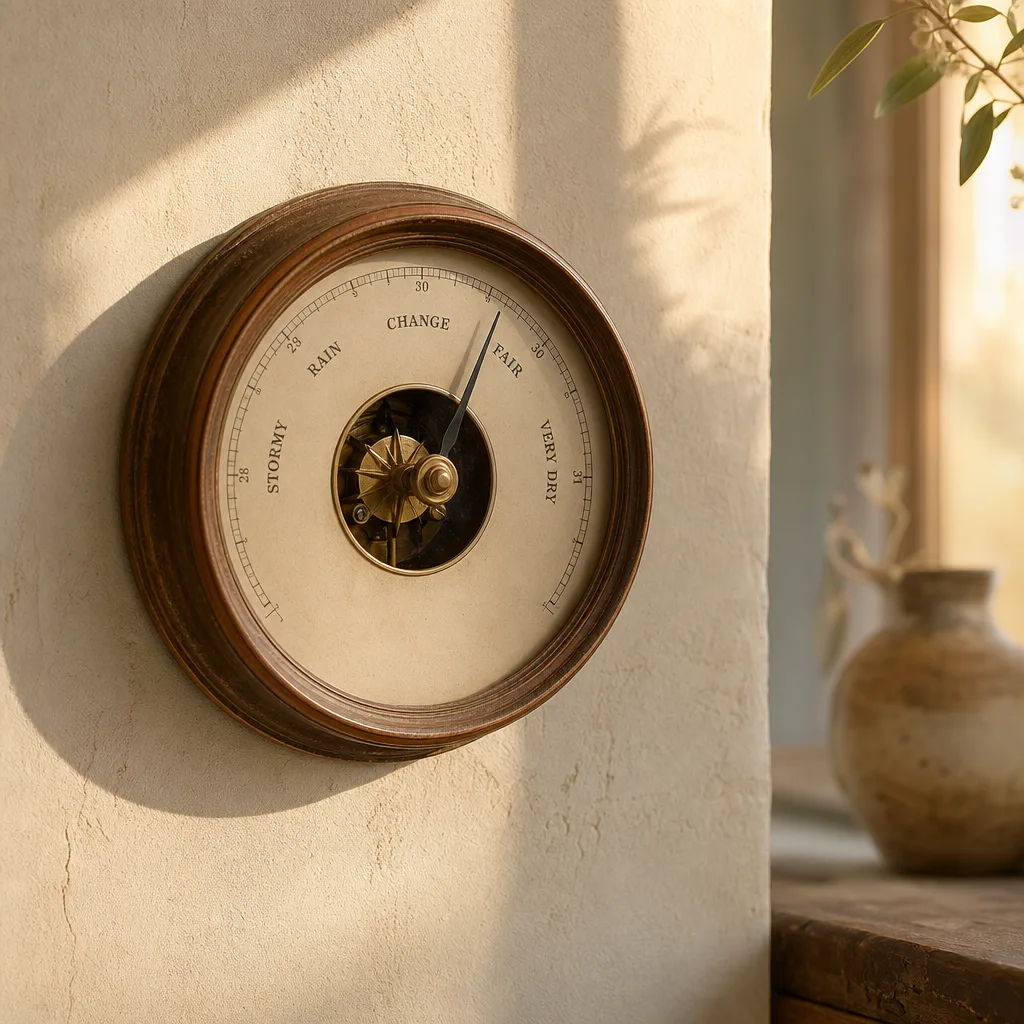 A vintage barometer mounted on a pale plaster wall