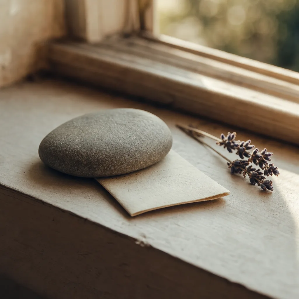 A small handwritten note tucked under a smooth river stone on a sunlit windowsill