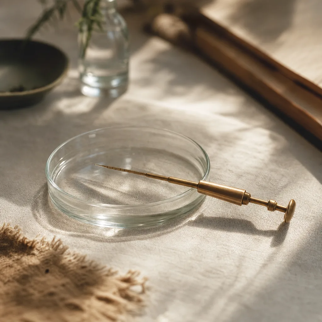 A small brass laboratory pipette resting across an open petri dish on a pale linen surface