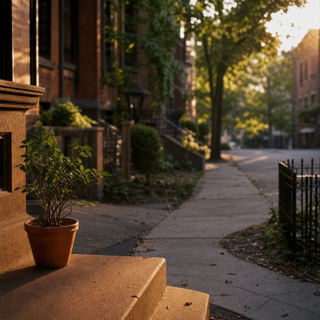 A neighborhood street corner with two diverging footpaths