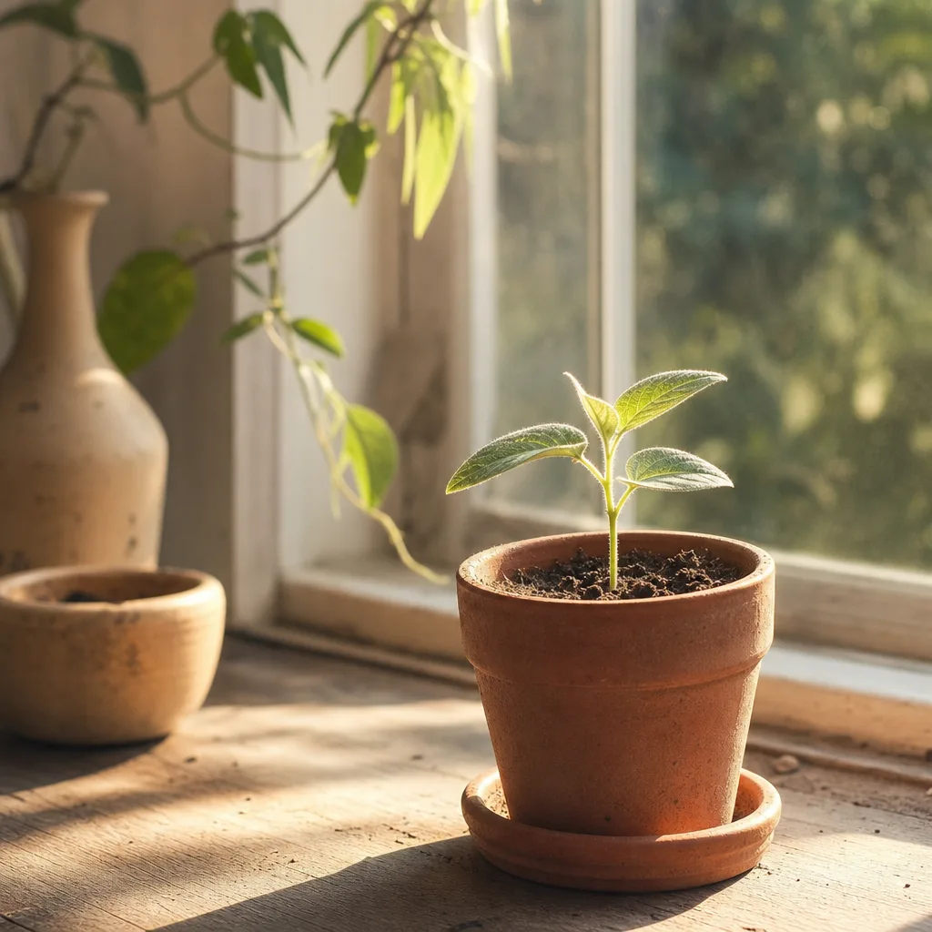 A small seedling in a terracotta pot placed on a sunlit windowsill