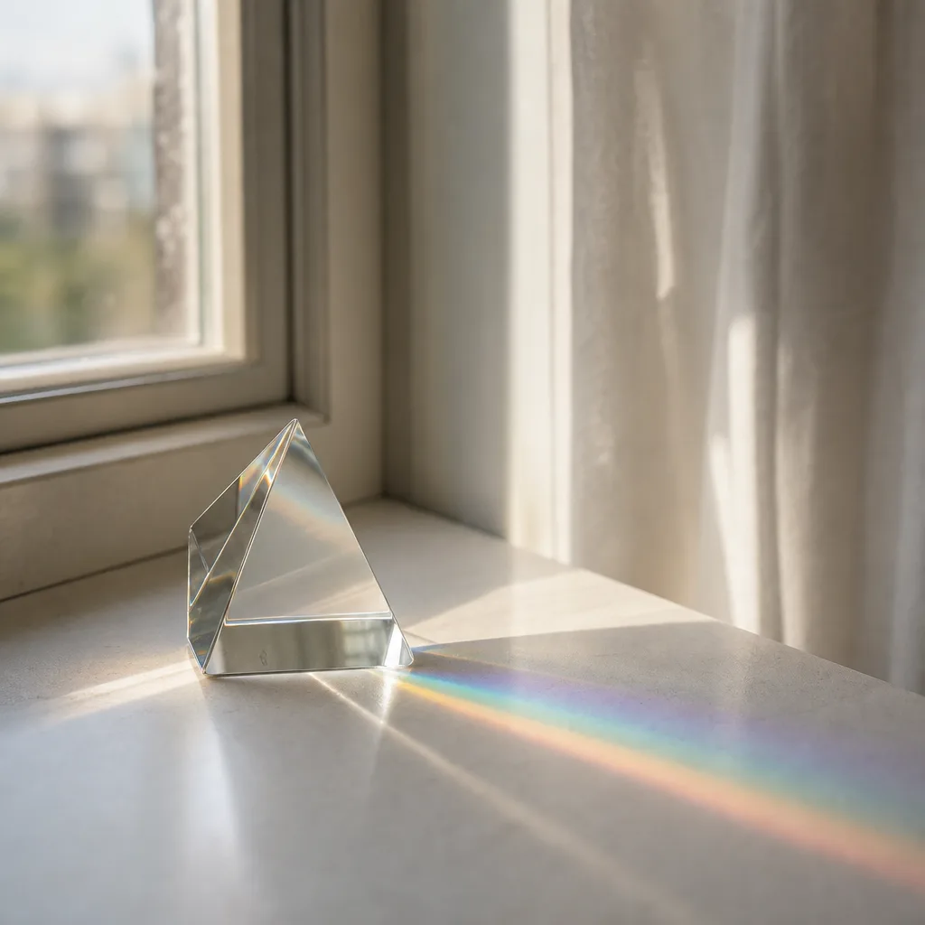 A single glass prism on a white windowsill splitting pale morning sunlight into a quiet spectrum across the surface