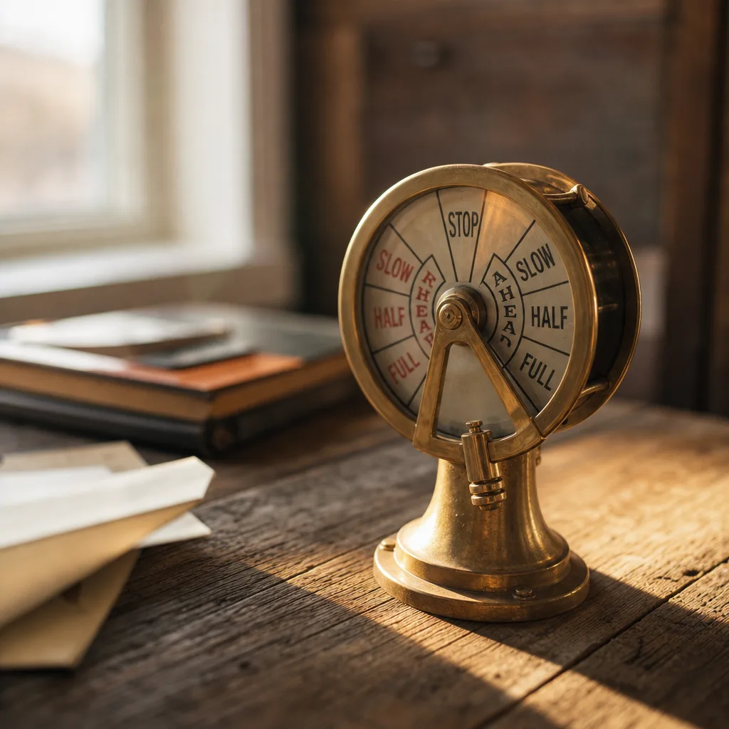A brass ship's telegraph instrument set to a new position