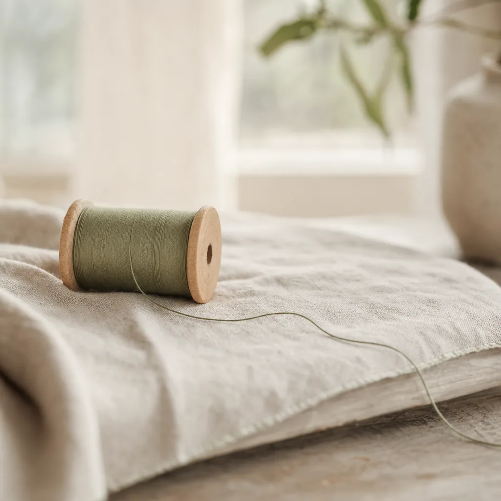 A spool of thread with a single loose end trailing forward across pale linen