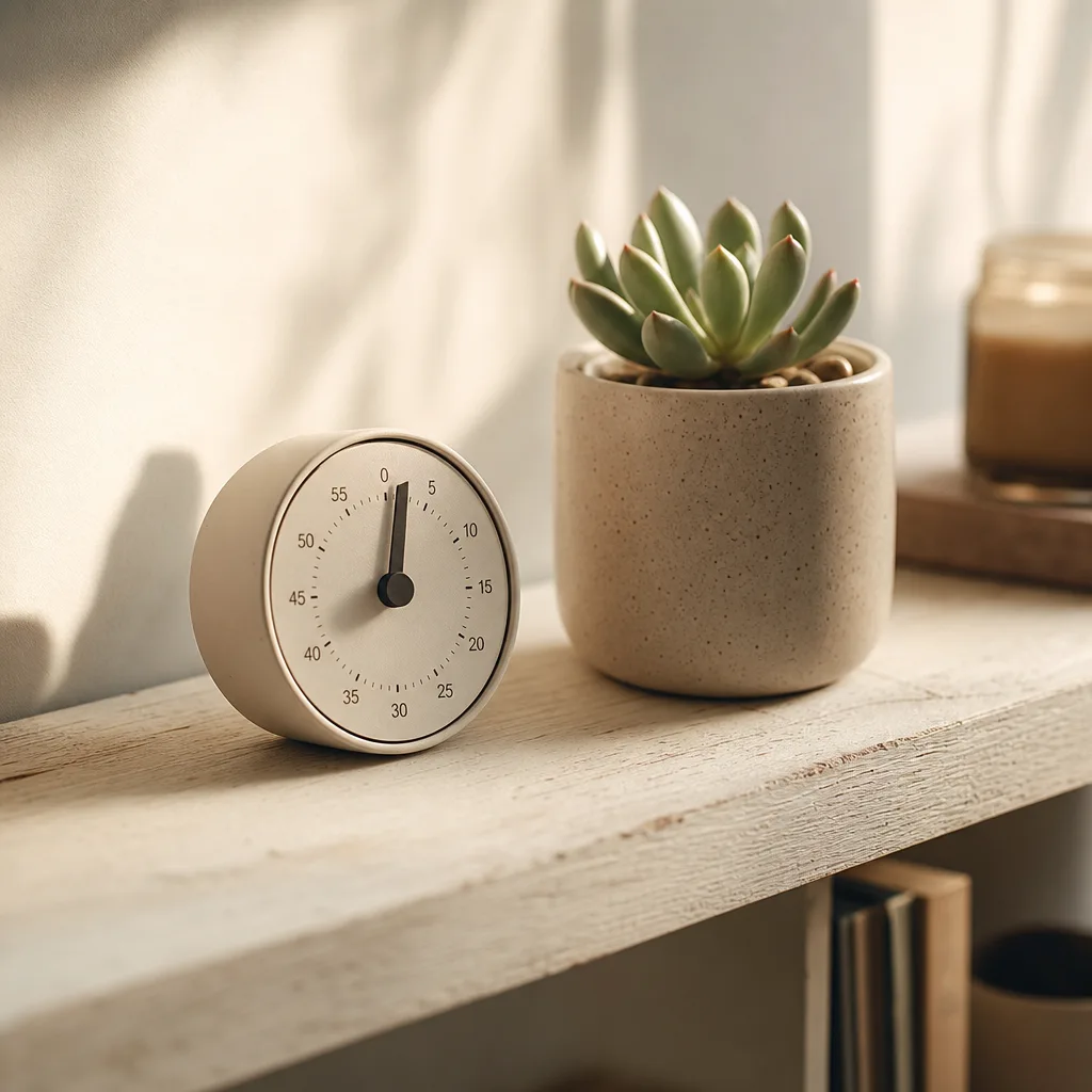 A small analog timer dial set just past zero on a pale wooden shelf