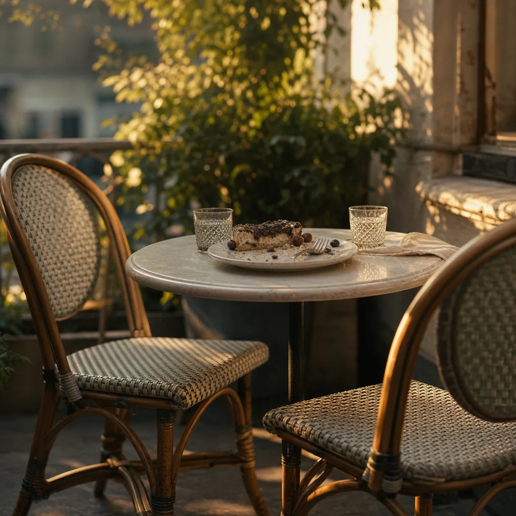Two chairs angled slightly toward each other at a small outdoor table