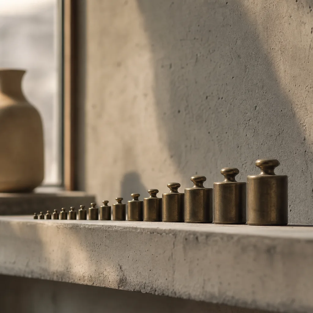 A row of small calibration weights lined up in ascending order on a concrete shelf